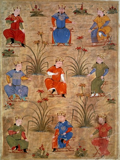इतिहासकार रशीद अल-दीन (अल दीन) (1247-1318) द्वारा 1430 के आसपास "जामी अल-तवारीख" (जामी अल तवारीख) या "विश्व इतिहास" से लिए गए चंगेज खान फारसी लघुचित्र के भतीजों का प्रतिनिधित्व। पेरिस, बीएन द्वारा फारसी स्कूल