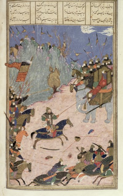 रुस्तम ने अपने हाथी से खाकान का चित्रण किया, शाहुलना (किंग्स की पुस्तक), अबुल-कासिम मनूर फ़िरदावी (c.934-c.1020) c.1440-45 (कलम, स्याही और wcl पर) द्वारा चित्रण। द्वारा फारसी स्कूल