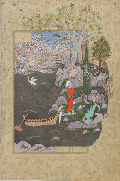 सलमान और अबशाल खुश इस्ले, एक हफ़्ते अर्रंग (सात सिंहासन) से जामी (d.1492) संभवतः मशहद, ख़ुरासान, ईरान, सफ़वीद वंश, 1556-17 (स्याही, अपारदर्शी जलरंग और पी पर सोने) द्वारा फारसी स्कूल