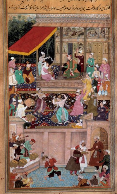 सुल्तान के दरबार में नृत्य, संगीत, मनोरंजन का दृश्य। फ़ारसी लघु द्वारा फारसी स्कूल