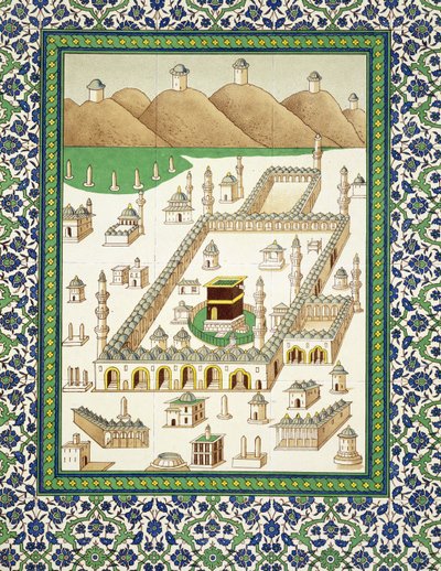 मक्का के योजनाबद्ध दृश्य, फ़ारसी चीनी मिट्टी की चीज़ें (प्रिंट) पर एक किताब से क़ुबा दिखाते हुए द्वारा फारसी स्कूल