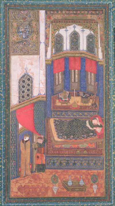 तहमीना रुस्तम चैंबर में आती है, शाहुलना (किंग्स की पुस्तक), अबुल-कासिम मंसूर फ़िरदावी (c.934-c.1020), हेरात, अफ़गानिस्तान, c.110 (अपारदर्शी wc और कागज पर सोना) से चित्रण द्वारा फारसी स्कूल
