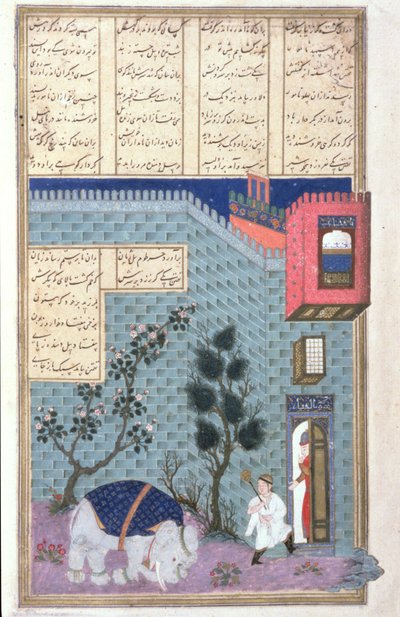 द चाइल्ड रुस्तम द मद एलिफेंट, शाहुलना (किंग्स बुक ऑफ किंग्स), अबुल-कासिम मनूर फ़िरदावी (c.934-c.1020) c.1440-45 (पेन, इंक और वेल्लम पर डब्ल्यूसी) से चित्रण द्वारा फारसी स्कूल