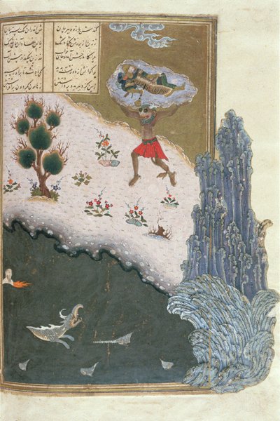 द स्लीपिंग रुस्तम द एयर अकाउंड द एयरोन के माध्यम से, शाहनामा (किंग्स की पुस्तक) से चित्रण, अबुल-कासिम मनूर फ़िरदावी (c.934-c.1020) c.1440 -45 (कलम, स्याही और wcl पर) द्वारा चित्रण ) द्वारा फारसी स्कूल