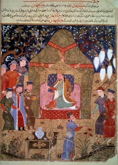 इतिहासकार रशीद अल-दीन (अल दीन) (1247-1318) द्वारा "जामी अल-तवारीख" (या सार्वभौमिक इतिहास) से फारसी लघु केंद्र का प्रतिनिधित्व करने वाले मंगोलियाई सम्राट चंगेज खान (1162-1227) की अदालत ), लगभग १४३०. पेरिस, बीएन द्वारा फारसी स्कूल