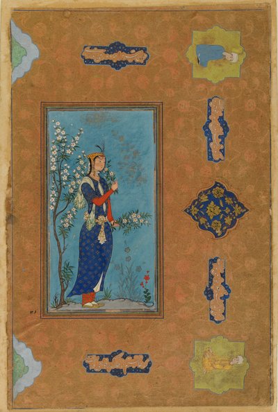 फूल, स्प्रेव पीरियड, c.1575 के साथ महिला (कागज पर wc और सोना) द्वारा फारसी स्कूल
