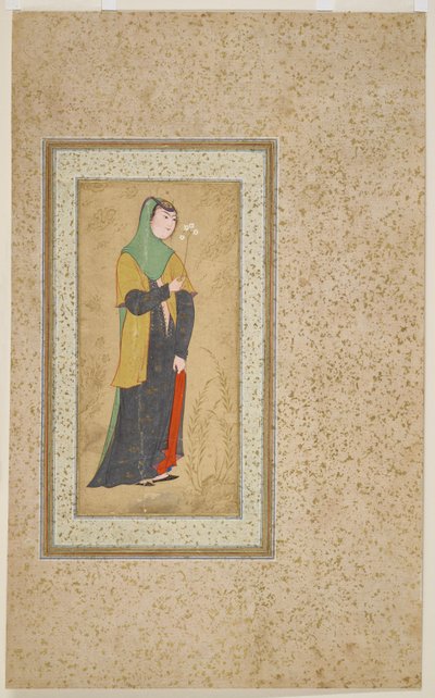 फूलों के एक स्प्रे के साथ महिला, c.1595 द्वारा फारसी स्कूल