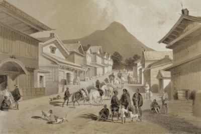 हाकोदादी में स्ट्रीट, &39;नैरेटिव ऑफ द एक्सपीडिशन ऑफ द अमेरिकन स्क्वाड्रन टू चाइना सीज़ एंड जापान&39;, पब। Sarony und Co., 1856 (टिंटेड लिथो) द्वारा द्वारा पीटर बर्नहार्ड विल्हेम हेन