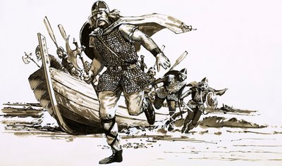 किंग वोर्टिगर्न दो बर्बर प्रमुखों - हेंगेस्ट और होर्सा - को ब्रिटेन ले आए (कागज पर गौचे) द्वारा पीटर जैक्सन