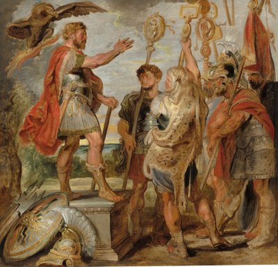 डेसियस मूसा ने सेनाओं को संबोधित किया, c.1616 (हार्डबोर्ड पर तेल, लकड़ी और कैनवास से स्थानांतरित) द्वारा पीटर पॉल रूबेन्स
