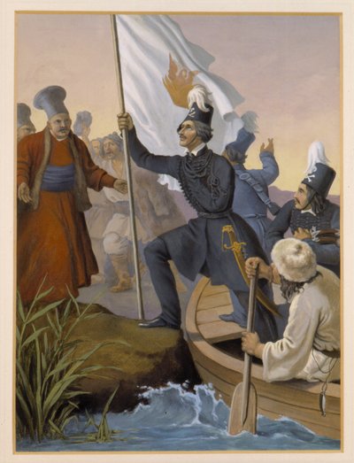 अलेक्जेंड्रोस यूपिलेंटिस, प्राउथोस नदी को पार करते हुए, फरवरी 1821 द्वारा पीटर वॉन हेस