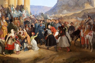 एथेंस के लिए ग्रीस के राजा ओथन प्रथम (1815-1876) का प्रवेश, हेफिस्टोस (हेफेस्टियन) (हेफेस्टस) या थियोन ऑन अगोरा (ग्रीस) के मंदिर के सामने भीड़ द्वारा स्वागत किया गया द्वारा पीटर वॉन हेस