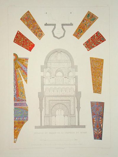 मिराह के चैपल का विवरण और मुखौटा, 'ग्रेनाडा और अलहम्ब्रा के स्मृति चिन्ह' से, डुमौजा द्वारा उकेरा गया, प्रकाशित c.1836-37 (रंग लिथो) द्वारा फिलिबर्ट जोसेफ (बाद में) जिरॉल्ट डी प्रांगेयू