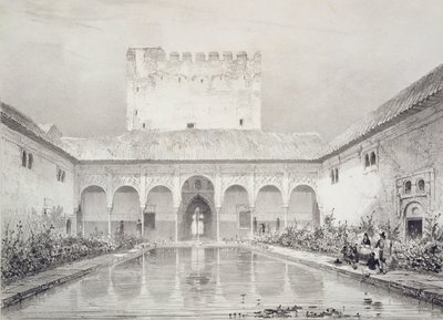 अल्बर्टा, अल्हाम्ब्रा के आंगन में पूल और फव्वारा, &39;स्मारिका डी ग्रेनेड एट डे ल लाहैब्रा&39; से प्लेट 21, c.1836-37 प्रकाशित द्वारा फिलीबर्ट जोसेफ जिराॉल्ट डी प्रेंजी