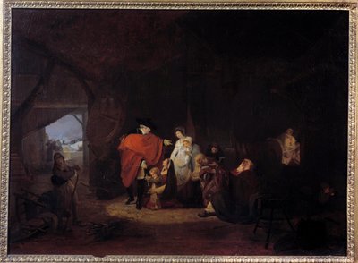 लुई सोलहवें की मानवता विशेषता: 1784 की सर्दी में राजा लुई फिलिबर्ट डेबूकोर्ट (1755-1832) 1785 सन द्वारा वर्साय पेंटिंग के निवासियों को अल्मोन देता है। 0,61x0,83 वर्ग मीटर द्वारा फिलीबर्ट लुइस डेब्यूकोर्ट