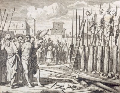 द इम्पलिंग ऑफ़ सम रीबेल्स', पनिशमेंट: मैसेकर बाय इम्पेलमेंट, पब। 1672. द्वारा फिलिप बाल्डियस