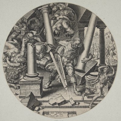 शिमशोन द्वारा पलिश्तियों के मंदिर को नष्ट करना द्वारा Maarten van Heemskerck