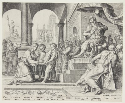 सपन योशियाह को व्यवस्था की पुस्तक पढ़कर सुना रहा है द्वारा Maarten van Heemskerck