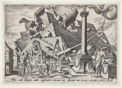 बाबेल की मीनार का विनाश और लोगों का तितर-बितर होना द्वारा Maarten van Heemskerck