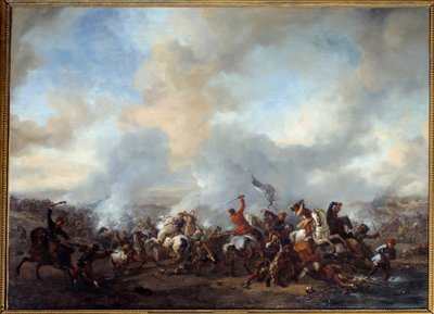 फिलिप्स वूवर्मन (1619-1668) 17वीं सदी के सूर्य द्वारा सवारों और पैदल सैनिकों की महान लड़ाई पेंटिंग। 0,99x1,35 वर्ग मीटर द्वारा फिलिप्स वूवर्मन या वूवर्मन