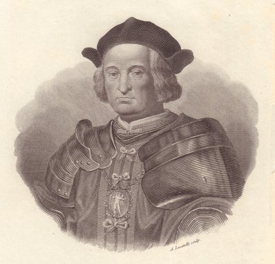 इतालवी सैन्य नेता और राजनेता जियान जियाकोमो ट्रिवुल्ज़ियो (1440-1518) का पोर्ट्रेट, लोकाटेली द्वारा तांबे की नक्काशी द्वारा ब्लेज़ निकोलस ले सुयूर