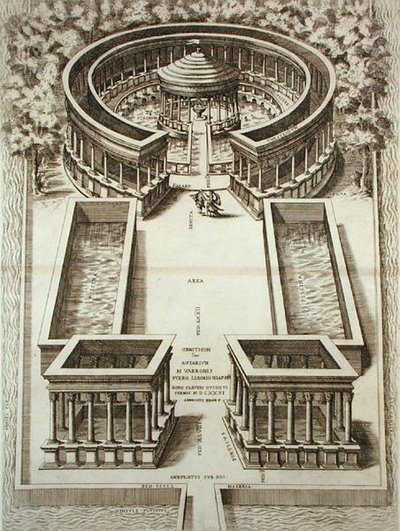 जे लौरस द्वारा प्रकाशित 'रोमा वेरस एट नुओवा' से वरो की एवियरी, 1614 में प्रकाशित (उत्कीर्णन) द्वारा पिएरो (बाद में) लिगोरियो