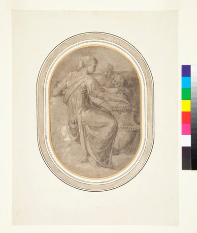 एक सिबल एक फूलदान और दो पुट्टी के साथ, c.1540s (भूरे रंग की जमीन पर सफेद के साथ बढ़े हुए कुछ पेनवर्क के साथ ब्राउन वॉश में ब्रश खींचना) द्वारा पिएरो (attr। To) लेगोरियो