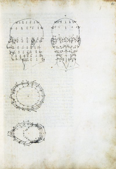 सिर का निर्माण और ज्यामितीय प्रक्षेपण, पिएरो डेला फ्रांसेस्का (सीए 1415-1492), इटली द्वारा डी प्रॉस्पेक्टिवा पिंगेंडी (पेंटिंग के परिप्रेक्ष्य पर) से पृष्ठ द्वारा पिएरो डेला फ्रांसेस्का