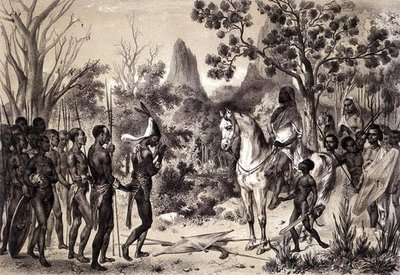 लॉरेन्स द्वारा उकेरी गई पियरे ट्रेमॉक्स (1818-95) की 'वॉयेज औ सौडन ओरिएंटेल एट डान्स ल'अफ्रीक सेप्टेंट्रियोनेल' से एक सेनानी राजा के लिए एक नीग्रो प्रमुख का परिचय समारोह द्वारा पियरे (बाद) ट्रेमाक्स