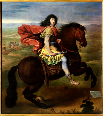 लुई XIV का घुड़सवारी चित्र (37 वर्ष की आयु)। फ्रांस के राजा लुई XV, जिसे ले बिएन ऐम (1710-1774) के नाम से जाना जाता है, कवच, चंदन के जूते और लिली के फूलों के साथ एक नीली छड़ी पकड़े हुए है। पियरे मिग्नार्ड की कार्यशाला की पेंटिंग (1612-1695) द्वारा पियरे (स्टूडियो ऑफ मिग्नार्ड)