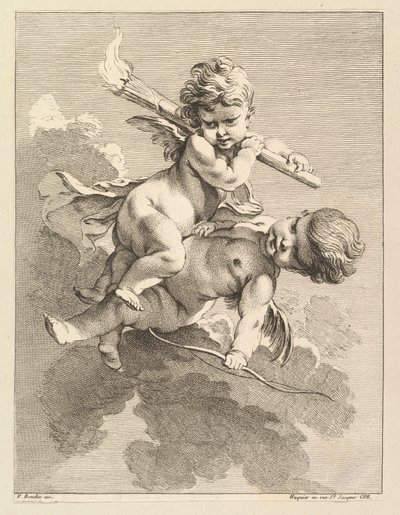दो कामदेव, एक मशाल लेकर, दूसरा धनुष, 1727-60। द्वारा पियरे अलेक्जेंड्रे अवेलिन