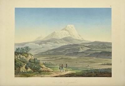 काजाम्बे का दृश्य, गुलदस्ता द्वारा उकेरा गया, अलेक्जेंडर वॉन हंबोल्ट और एमी बोनपलैंड द्वारा 'अमेरिका के स्वदेशी लोगों के कॉर्डिलरस और स्मारकों के दृश्य' से चित्रण द्वारा पियरे एंटोनी (बाद) मार्चेस