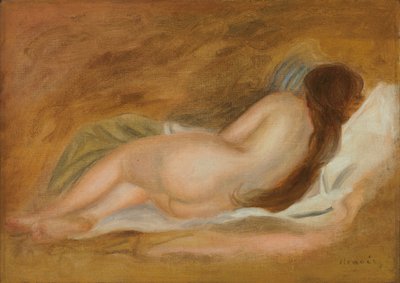 स्लीपिंग न्यूड, बैक व्यू, गेरू बैकग्राउंड; गद्देदार परत, गेरू पृष्ठभूमि पर, पीछे से दिखाई देता है, c.1885 द्वारा Pierre Auguste Renoir