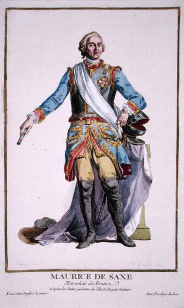 मौरिस ऑफ सैक्सोनी (1696-1750) 'रिस्यूइल डेस एस्टैम्प्स, रिप्रेजेंटिंग द रैंक्स एंड डिग्निटीज, फॉलोइंग द कॉस्ट्यूम ऑफ ऑल एक्जिस्टिंग नेशंस' से, 1780 में प्रकाशित (हाथ से रंगी हुई नक्काशी) द्वारा पियरे डुफोलोस