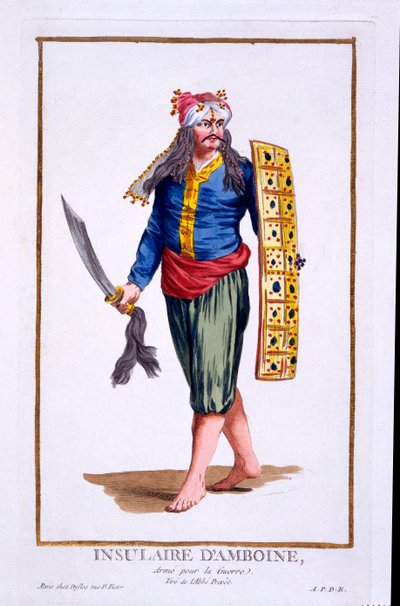 1780 (हाथ से रंगा हुआ ई) के कॉस्ट्यूम के बाद &39;प्रिंसेस कलेक्शंस, रिप्रेजेंटिंग रेंज्स एंड डिग्निटीज&39; से युद्ध के लिए सशस्त्र अंबोइन द्वीप का मूल निवासी द्वारा पियरे डुफोलोस