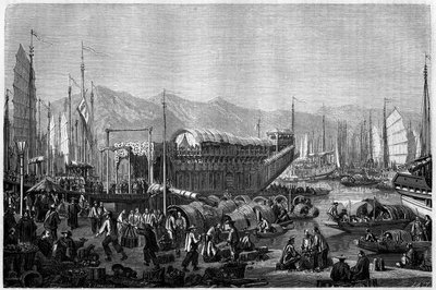 बोट डेस फ्लेर्स, एक रेस्तरां और 1860, चीन में शंघाई के बंदरगाह में मौज-मस्ती की जगह। "" ले टूर डू मोंडे, नोव्यू जर्नल डेस वॉयेजेस "" में ग्रैंडसायर द्वारा उत्कीर्णन, एडौर्ड चार्टन, पेरिस द्वारा संपादित द्वारा पियरे यूजीन ग्रैंडसिर