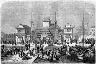 1860, चीन में शंघाई बंदरगाह में सीमा शुल्क दृश्य। "" ले टूर डू मोंडे, नोव्यू जर्नल डेस वॉयेजेस "" में ग्रैंडसायर द्वारा उत्कीर्णन, एडौर्ड चार्टन, पेरिस द्वारा संपादित द्वारा पियरे यूजीन ग्रैंडसिर