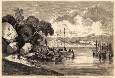 1857-1858 में, M.de Moge की चीन और जापान की यात्रा को चित्रित करने के लिए ग्रैंडसियर द्वारा चित्रित बारकाडेरे डी मकाऊ। "दुनिया भर में, नई यात्रा पत्रिका" "पेरिस" में उत्कीर्णन द्वारा पियरे यूजीन ग्रैंडसिर