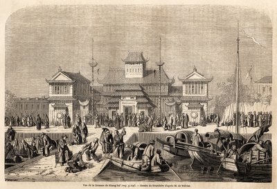 1857-1858 में मार्क्विस डी मोगेस की चीन और जापान की यात्रा को चित्रित करने के लिए ग्रैंडसायर द्वारा चित्रित शंघाई सीमा शुल्क भवन। "दुनिया भर में, नई यात्रा पत्रिका" "पेरिस" में उत्कीर्णन द्वारा पियरे यूजीन ग्रैंडसिर