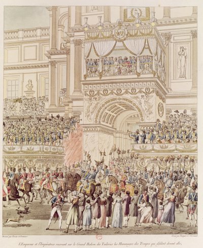 सम्राट और महारानी ने चार्ल्स पियरे जोसेफ नॉर्मैंड (1765-1840) द्वारा उत्कीर्ण अपनी शादी के अवसर पर ट्यूलेरीज़ की बालकनी से फ्रांसीसी सैनिकों की श्रद्धांजलि प्राप्त की (रंग) द्वारा पियरे फ्रेंकोइस लियोनार्ड फोंटेन