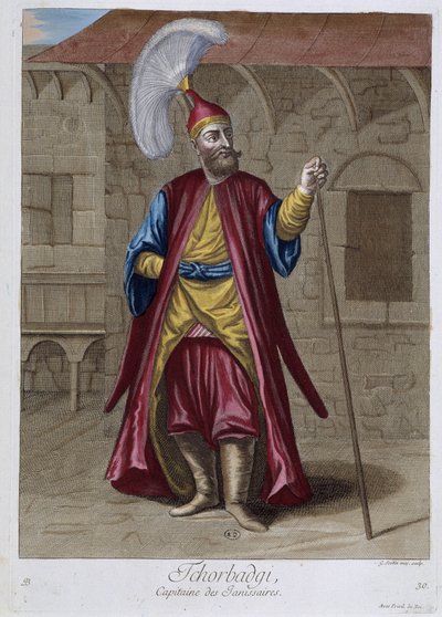 तचोरबाडगी, जनिसरीज के कप्तान, "" 1707 और 1708 में लेवेंट के विभिन्न राष्ट्रों का प्रतिनिधित्व करने वाले 100 प्रिंटों का संग्रह"" पोर्ट में राजा के राजदूत एम। डी फ्रिओल के आदेश से और देखभाल द्वारा 1712-13 में अद्यतन किया गया। एम. ले हे,  द्वारा पियरे फ्रांकोइस बसन