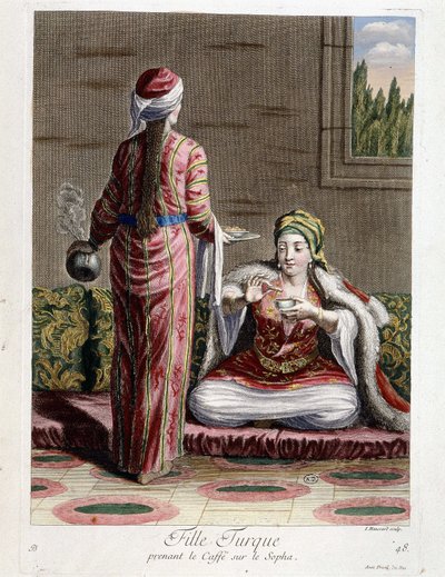 सोफे पर कॉफी लेते तुर्की की लड़की, "" 1707 और 1708 में लेवेंट के विभिन्न राष्ट्रों का प्रतिनिधित्व करने वाले 100 प्रिंटों का संग्रह"" पोर्ट में राजा के राजदूत एम डी फ्रिओल के आदेश से और देखभाल द्वारा 1712-13 में अद्यतन किया गया एम. ले ह द्वारा पियरे फ्रांकोइस बसन