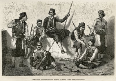 क्रिवोसियन, बोचेस डी कट्टारो के पर्वतारोही (या कोटर, मोंटेनेग्रो के पश्चिमी तट पर खाड़ी), ऑस्ट्रियाई सैनिकों में अतिक्रमण के बल का विरोध करने के लिए हथियार। P.Fritel के चित्र के बाद उत्कीर्णन, C . द्वारा Dalmatia की यात्रा को चित्रित करने के लिए द्वारा पियरे फ्रिटेल
