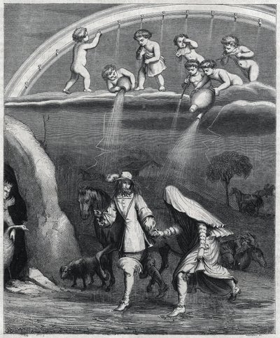 जंगल में बारिश से एनी और डिडॉन हैरान रह गए। पॉल स्कार्रॉन (1610-1660) द्वारा "" वर्जिल ट्रांसवेस्टाइट "" का चित्रण, "एल'एनाइड" की एक पैरोडी। स्टाल द्वारा उत्कीर्णन। द्वारा पियरे गुस्तावे यूजीन स्टाल