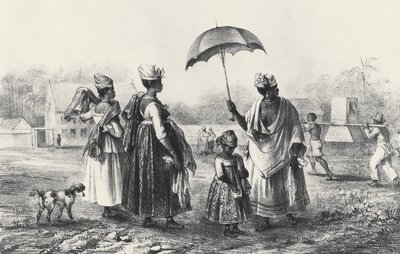 बच्चों के साथ गुलाम व्यापारी, 'वॉयज ए सूरीनाम', 1839 (लिथो) (बी/डब्ल्यू फोटो) से द्वारा पियरे जे (बाद) बेनोइट