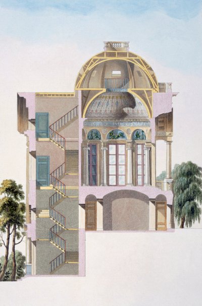 1827 में प्रकाशित पियरे जैक्स गेटेब्यूबर द्वारा &39;मोनोरमेंट्स की पसंद, उल्लेखनीय इमारतों और नीदरलैंड के राज्य के घरों&39; से एंटवर्प के पास हिंगेन के मंडप का क्रॉस सेक्शन द्वारा पियरे जैक्स गोएटगेबुअर