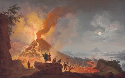 माउंट वेसुवियस रात से प्रस्फुटित होता है, अत्रियो डेल कैवलो से अग्रभूमि में दर्शकों के साथ देखा जाता है, शहर का मनोरम दृश्य और परे नेपल्स की खाड़ी द्वारा पियरे जैक्स वोलेर