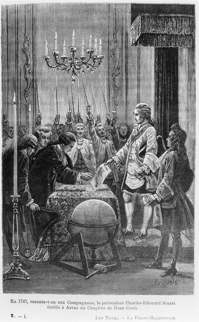 1747 में, साथियों को बताया गया है, प्रिटेंडर्स चार्ल्स-एडवर्ड स्टुअर्ट (1720-1788) ने एरोस में रोज़ क्रॉस के एक अध्याय की स्थापना की, लियो टैक्सिल द्वारा &39;द फ्री-मैसनरी&39; से चित्रण (bw p) द्वारा पियरे मेजनेल