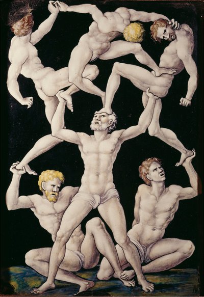 एक्रोबैट्स के साथ पट्टिका, c.1550 (तांबे पर चित्रित तामचीनी) द्वारा पियरे पेनिकाउड