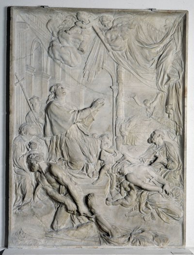 मिलान के प्लेग की कम राहत - सेंट चार्ल्स बोर्रोमी (सैन कार्लो बोर्रोमो) (1538-1584, मिलान के कार्डिनल और आर्कबिशप) प्रार्थना (संगमरमर) द्वारा पियरे पुगेट